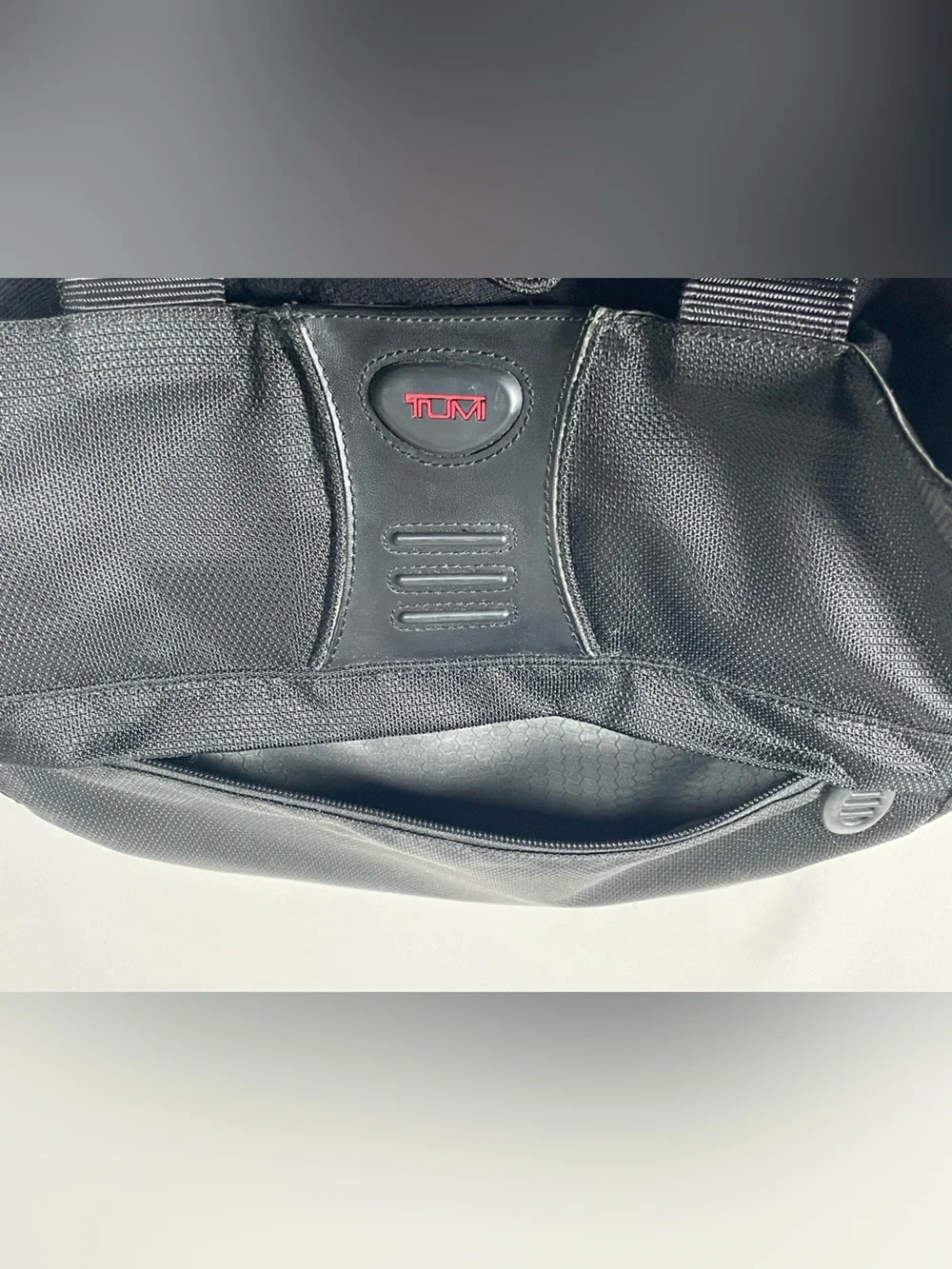 Tumi Black Nylon Duffel Tote with Subtle Red Logo